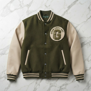 Veste universitaire pour homme avec logo brodé personnalisé, col rabattable, matière PU décontractée - Product Image 1