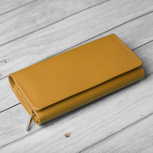 Cartera Larga de Cuero Genuino Unisex, Cierre de Cremallera Minimalista, Gran Capacidad, Uso Diario, Color Amarillo Mostaza - Product Image 4