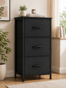 Commode moderne en tissu noir à 3 tiroirs avec structure en acier, meuble de rangement autoportant pour chambre à coucher - Product Image 4