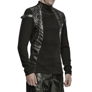Customized <b>Men's</b> Gothic Black Long Sleeve Knit Top with Leather Splicing and Lacing Details Custom OEM ODM - Product Image 2
