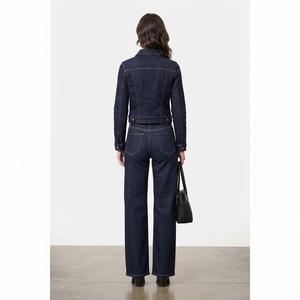 <b>Women</b> Dark <b>Blue</b> Denim Jacket And Wide Leg <b>Jeans</b> Set Fitted Two Piece Matching Outfit Casual Streetwear Fashion - Product Image 2