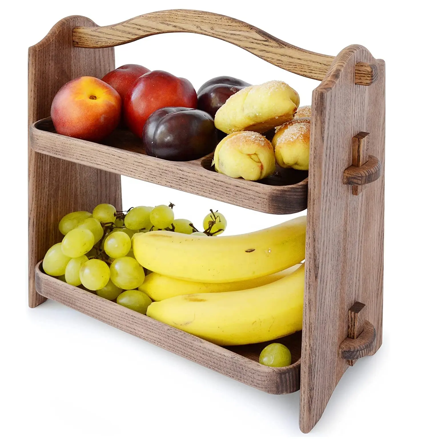 Cesta de fruta de madera de dos niveles con diseño mejor calificado, encimera decorativa, superventas, cesta de gran capacidad