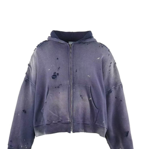 Oversized <b>Crop</b> <b>Zip</b>-<b>Up</b> <b>Hoodie</b> Men's Solid Color French Terry Sweatshirt With Spray Printing And Washed Effect OEM ODM - Product Image 3