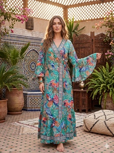 <b>Boho</b> Maxi <b>Dress</b> V-Neck Lantern Sleeve Tropical Print Silk Loose Fit <b>Summer</b> Wrap <b>Dress</b> Women Casual Wear - Product Image 6