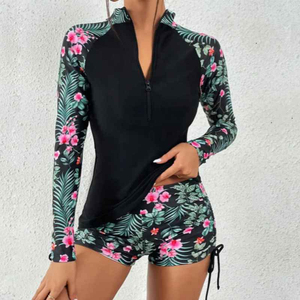 Custom OEM <b>Women</b> High Cut 2-Piece Set <b>Rashguard</b> Swim Trunk Floral Print Anti-Bacterial Quick Dry Front Spandex/Polyester - Product Image 3