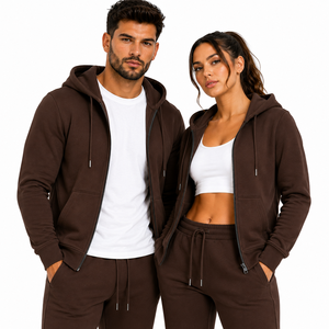 Sudadera con capucha unisex marrón personalizada con cremallera completa, conjunto de chándal de algodón y forro polar, ropa informal para estar en casa, conjunto deportivo, producción a granel, servicio de exportación - Product Image 3