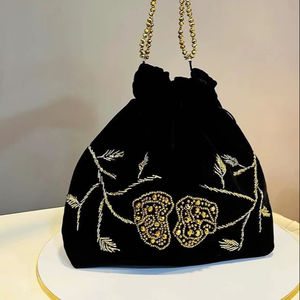 Handcrafted Beaded Handle Potli Bag Black Zardosi Embroidery <b>Drawstring</b> <b>Pouch</b> Ethnic Wedding Party Wear Women Gift Clutch Purse - Product Image 1