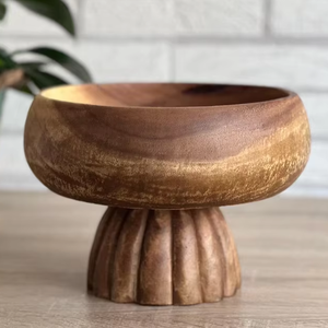 Bol de service en bois d'acacia – bol artisanal sur pied – bol à fruits – fabriqué à la main en Thaïlande – bol en bois – décoration de table - Product Image 1