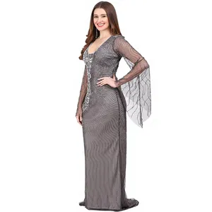 Robe de soirée de luxe en argent ardoise, richement ornée de perles de verre, robe longue avec manches longues en forme de cloche pour bal de promo, soirée formelle - Product Image 3