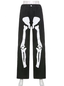 Jeans de Mezclilla con Estampado de Esqueleto, Cintura Alta, Corte Ajustado, Estilo Urbano, Pierna Recta, Pantalones de Algodón para Mujer, Ropa de Otoño - Product Image 2