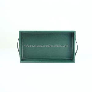 Bandeja de servicio rectangular de polipiel verde oscuro con asas laterales curvas Bandeja de servicio decorativa moderna - Product Image 4