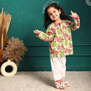 Polka Tots Swan Print Frente abierto Mangas completas Ropa de dormir Kurta pijama set-Rosa - Product Image 1