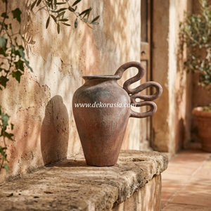 Jarrón alto de cerámica rústica de terracota con asa ondulada, maceta de mesa, exportador mayorista - Product Image 2