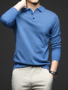 Pull en maille polyester/coton pour homme, léger et respirant, service OEM, couleur unie, col à revers, manches longues, couche de base décontractée pour le printemps - Product Image 2