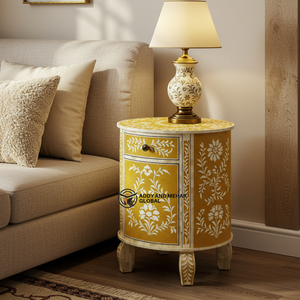 Mesa de Noche Redonda de Madera Artesanal Ecológica con Incrustaciones Florales Amarillas Modernas de Lujo con 2 Cajones - Product Image 1