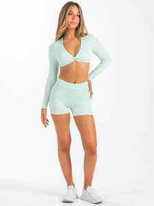 Mint <b>Green</b> Knitted Lightweight Four-Way Stretch Breathable <b>Crop</b> <b>Top</b> Cut Design Short Sleeve Turtleneck Skinny Fit Women's - Product Image 5