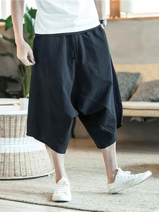 Summer Breathable Solid Beach Polyester/Nylon Canvas High Street Style Casual Elastic Waist <b>Men's</b> Wide Leg <b>Baggy</b> Capris Sport - Product Image 2