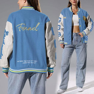 เสื้อแจ็คเก็ตเบสบอลแฟชั่นผู้หญิงแบบ Letterman Varsity ขายส่งจากผู้ผลิต คุณภาพสูง ปักโลโก้ พร้อมกระดุมแป๊ก - Product Image 1