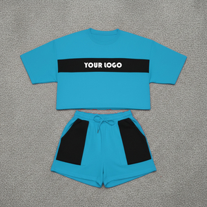 Customized 100% Cotton Short <b>Set</b> Casual Wear Women's 2 Piece <b>Set</b> High Street Style Solid Knee Custom Printed Vintage Short <b>Set</b> - Product Image 4