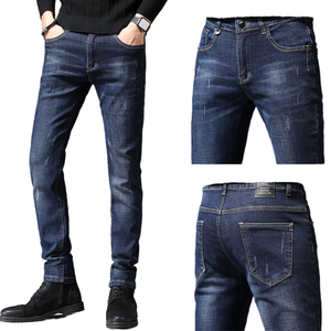 <b>Men</b>’s Slim Fit Distressed <b>Stretch</b> Denim Jeans Red Button Accent Streetwear Casual Fashion Wholesale OEM Custom - Product Image 1