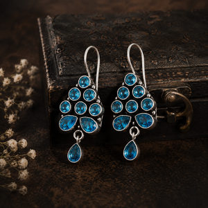 Mejor Precio Pendientes Colgantes de Topacio Azul para Mujer, con Engaste de Bisel Plateado Antiguo, Diseño Floral Bohemio para Boda, Bajo MOQ - Product Image 6