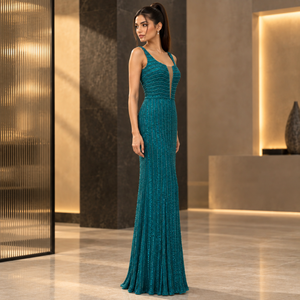 Vestido de noche con cuentas color verde azulado, sin mangas, escote pronunciado, largo hasta el suelo |   Vestido Formal con Adorno de Lentejuelas Verticales, Corte Columna - Product Image 3