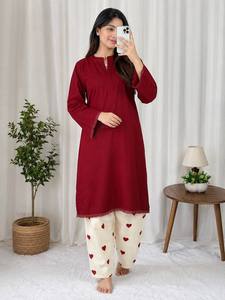 Conjunto de Kurta de Algodón para Mujer con Pantalones con Estampado de Corazones, Ropa Casual para Estar en Casa, Conjunto Coordinado, Kurti de Manga Larga, Ropa Cómoda para el Día a Día - Product Image 1