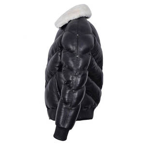 Blouson aviateur en cuir noir pour homme, col montant, fermeture éclair, doublure en fausse fourrure, coupe-vent, manteau d'hiver - Product Image 3