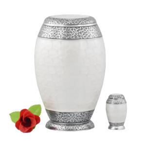 Urne funéraire de luxe en métal blanc nacré avec gravure de rose dorée - Élégante urne commémorative artisanale pour cendres humaines avec or A - Product Image 3