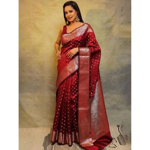DISEÑADOR LICHI SEDA ZARI TEJIDO TRABAJO SAREE CON BLUSA DESCOSADA MAROON - Product Image 1