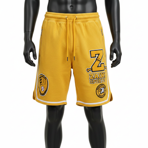 Short de basket-ball en molleton doux coton-polyester, jaune avec empiècements latéraux blancs, broderie chenille, appliqué, logo personnalisé, short en mesh pour homme - Product Image 1