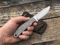 Couteau de chasse personnalisé DIY OEM en acier inoxydable, lame à pointe tombante, bord droit, manche gravé, étui en cuir, 8 pouces, 0,5 mm