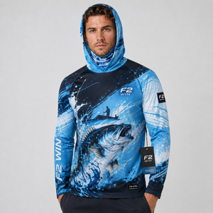 Sweat à capuche de pêche unisexe F2 WIN, impression par sublimation, UPF 50, séchage rapide, respirant, manches longues, chemise de performance, motif bleu sur le devant - Product Image 1