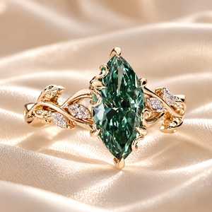 Bague en or massif 10K 14K 18K avec 2 diamants de laboratoire fantaisie verts taille marquise, motif feuille inspiré de la nature, bijoux fins - Product Image 6