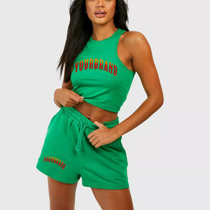Ensemble deux pièces vert pour femme, débardeur court sans manches et short, coupe décontractée, col rond, imprimé lettres, en coton tricoté, printemps-été - Product Image 1