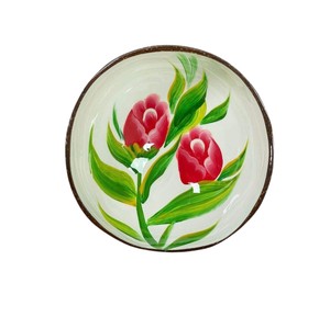 Bol en noix de coco laqué artisanal, décoré à la main avec des motifs de tulipes, plat décoratif pour la décoration intérieure et les détaillants de cadeaux. - Product Image 1