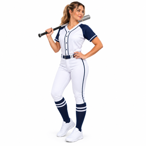 <b>Women</b> Baseball Uniform Set White <b>Navy</b> Raglan Sleeve Fitted Jersey Pants With <b>Belt</b> Moisture Wicking All Seasons Sport Wear - Product Image 3