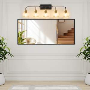 Modern 5-<b>Light</b> 40\" Vanity Wall Sconce Industrial Black Gold <b>Bathroom</b> <b>Light</b> Fixture Clear Glass Shades Wall Mounted Lamp <b>Mirror</b> - Product Image 2