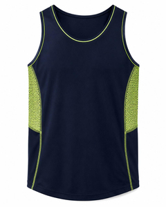 Trending Men's Navy Sleeveless Tank <b>Top</b> Neon Green <b>Mesh</b> Panel O-Neck Casual Knitted Polyester/Cotton Breathable Eco-Friendly - Product Image 6