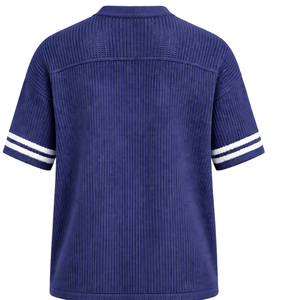 T-shirt de sport rayé à col en V en jersey tricoté sur mesure bleu indigo, respirant, coupe oversize, décontracté, pour équipe sportive - Product Image 2