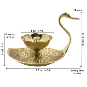 Lampe à huile Diya en laiton artisanal en forme de cygne avec motif floral, décoration traditionnelle pour Diwali et le temple domestique - Product Image 2