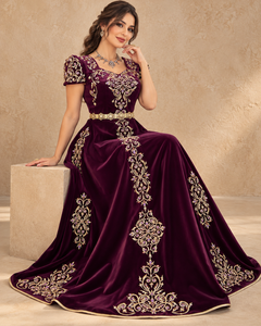 Burgundy Embroidered Plum Velvet Breathable Maxi <b>Dress</b> V Neck Long Sleeves <b>Gold</b> Belt Elegant Evening <b>Party</b> Wedding Gown - Product Image 2