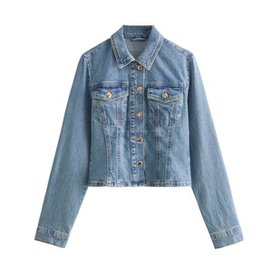 Women's Light Blue <b>Cropped</b> <b>Denim</b> <b>Jacket</b> Button Closure Turn-Down Collar Long Sleeve Slim Fit Casual Jean <b>Jacket</b> Spring Autumn - Product Image 1