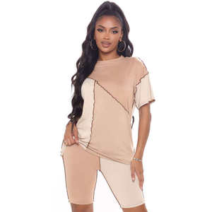 OEM Latest Design Fashion Wear Summer Women's T-<b>Shirt</b> Short Set Casual Solid Color 2 Piece Ladies Tracksuit Vintage 100% cotton - Product Image 1