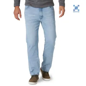 Bangladeş yeni Trend % 99% pamuk/% 1% Spandex yıkanabilir erkek kot düzenli gevşek Fit düz Zip Fly cepler Denim Jean pantolon erkekler
