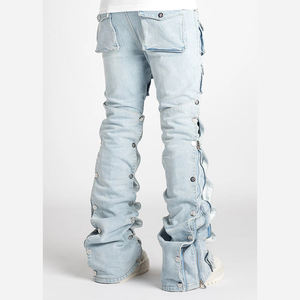 Men's <b>Jeans</b> Custom Fashionable Zipper Multi pockets with metal <b>buttons</b> washed 14 oz baggy <b>jeans</b> streetwear style for men - Product Image 4