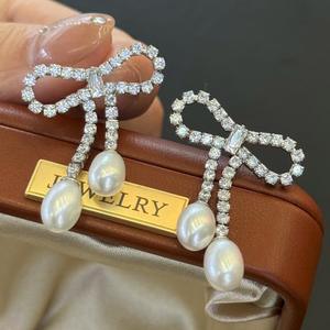 Pendientes Colgantes de Moda Coreana Delicados y Versátiles, con Borla, Lazo y Perla Frescos y Dulces para Mujer - Product Image 2