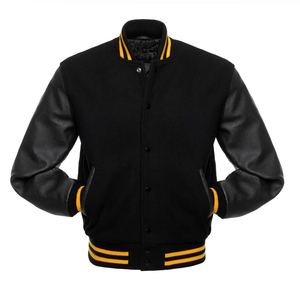 Chaqueta Varsity Negra para Hombre, Cuerpo de Lana, Mangas de Cuero, Cuello Alto, Botones a Presión, Estilo Clásico Universitario - Product Image 5