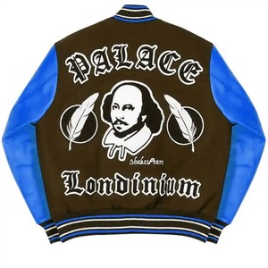 Chaqueta Varsity Unisex Palace Marrón con Mangas Azules, Diseño de Parches y Logotipo Bordado, Estilo Urbano 2020, Invierno, Lana, Secado Rápido - Product Image 2