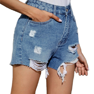 Shorts de Mezclilla Desgastados de Cintura Alta y Corte Recto para Mujer, Casuales, Transpirables, Ecológicos, Elegantes y Cómodos, Color Azul - Product Image 1